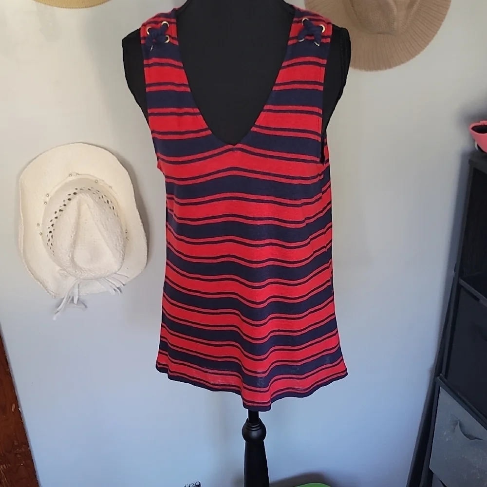 Michael Kors Red and Navy Striped Sleeveless Top